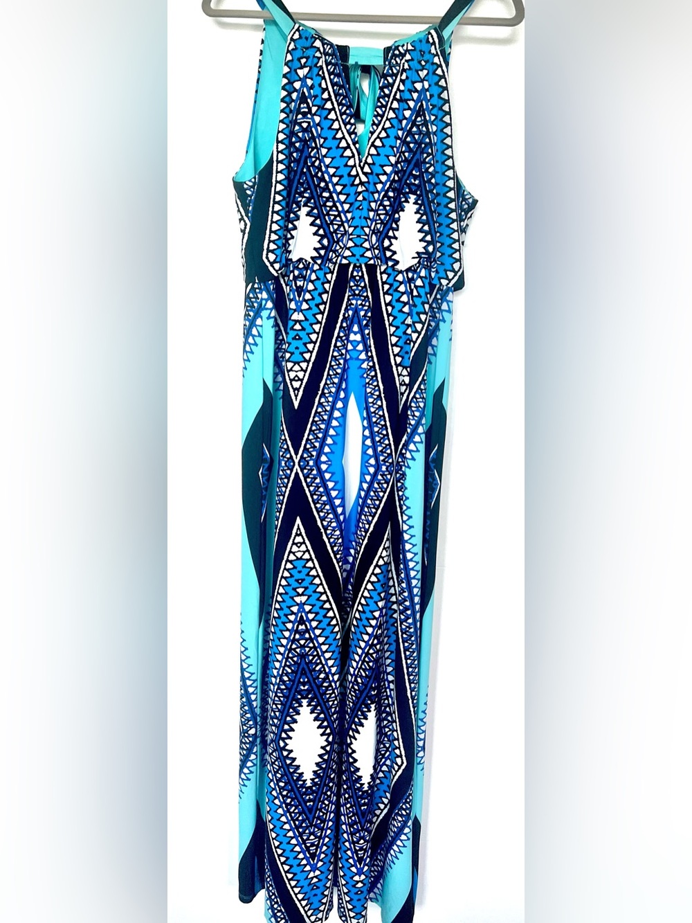 SOHO Apparel Ltd Blue Geometric Aztec Halter Maxi Dress Size M